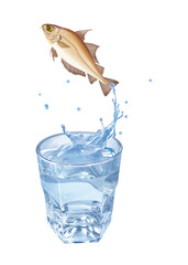 capelans   , poisson, évasion, saut, eau, en verre, boire, clapoter, liquide, isolé, froid, blanc, danger, boisson, glace, bouillonner, bleu, éclaboussure, frais, clair, abattre, verser, sain, transpa