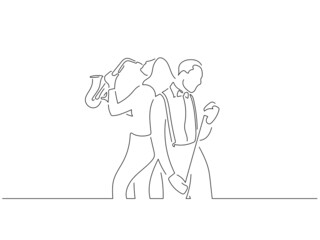 Jazz musicians in line art drawing style. Composition of a couple playing music. Black linear sketch isolated on white background. Vector illustration design.