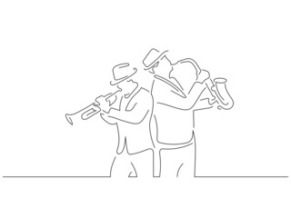 Jazz musicians in line art drawing style. Composition of a couple playing music. Black linear sketch isolated on white background. Vector illustration design.