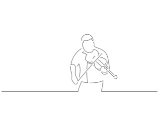 Fiddle player in line art drawing style. Composition of a musician playing. Black linear sketch isolated on white background. Vector illustration design.
