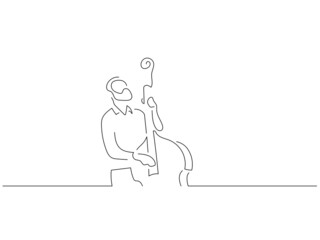 Double bass player in line art drawing style. Composition of a musician playing. Black linear sketch isolated on white background. Vector illustration design.