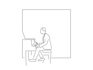 Piano player in line art drawing style. Composition of a pianist playing. Black linear sketch isolated on white background. Vector illustration design.