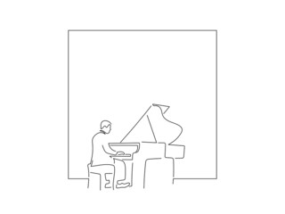 Piano player in line art drawing style. Composition of a pianist playing. Black linear sketch isolated on white background. Vector illustration design.