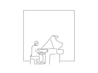 Piano player in line art drawing style. Composition of a pianist playing. Black linear sketch isolated on white background. Vector illustration design. © 1494