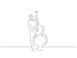 Double bass player in line art drawing style. Composition of a musician playing. Black linear sketch isolated on white background. Vector illustration design.