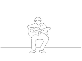 Flamenco guitarist in line art drawing style. Composition of traditional spanish musician. Black linear sketch isolated on white background. Vector illustration design.