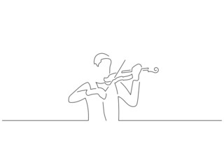 Fiddle player in line art drawing style. Composition of a musician playing. Black linear sketch isolated on white background. Vector illustration design.