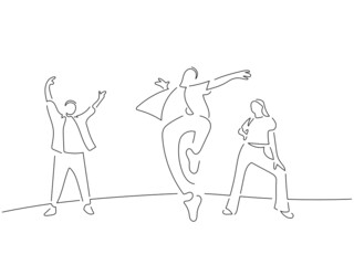 Modern dancers in line art drawing style. Composition of a dance group. Black linear sketch isolated on white background. Vector illustration design.