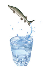 sturgeon  , poisson, évasion, saut, eau, en verre, boire, clapoter, liquide, isolé, froid, blanc, danger, boisson, glace, bouillonner, bleu, éclaboussure, frais, clair, abattre, verser, sain, transpar