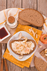 Rye bread with apple in crispy slices with skin.