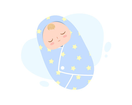 Cute little baby sleeping in light blue diaper isolate on white background. Illustration of new-born baby, infant, motherhood. Flat vector illustration.