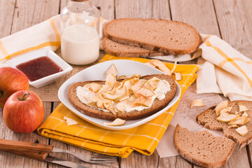 Rye bread with apple in crispy slices with skin.