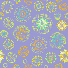 Fototapeta premium Stars, Flowers, floral geometric shapes ornament, symbols, circle icons, brushes set. Vector christmas snowflakes seamless abstract pattern. New Year and Merry Xmas seasonal hand drawn background.