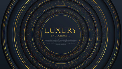 Abstract background of a halftone gradient. Luxury decoration, golden glitter pattern. Modern geometric style. A round place for text. Stylish conception. Black and gold template, minimal banner.