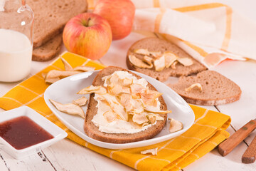 Rye bread with apple in crispy slices with skin.