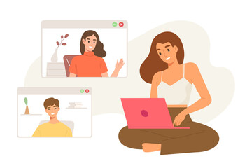 Young happy female sitting and using laptop to communicate with friend via internet. Concept of online conference or meeting, quarantine, social media, video call. Flat vector illustration character.