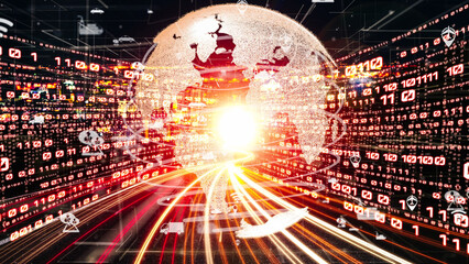 Smart transportation in tacit futuristic city with online traffic control system . Concept of smart digital transformation and technology disruption that changes global trends in new information era .