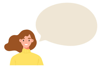 Obraz premium Young smiling girl wearing yellow sweater with big blank speech bubble. Concept of announcement, speaking, promotion, advertising. Copy message space template. Flat vector illustration isolated.