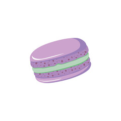 Cute French violet macaron with green light cream. Traditional macaroon light dessert. Little French cakes. Sweet almond cookies food for a cup of coffee. Hand drawn cartoon flat vector illustration
