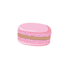 Cute French pink macaron with chocolate light cream. Traditional macaroon light dessert. Little French cakes. Sweet almond cookies food for a cup of coffee. Hand drawn cartoon flat vector illustration