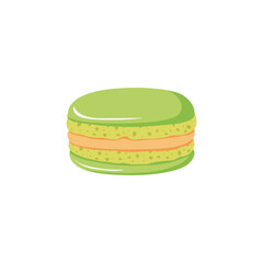 Cute French green macaron with orange light cream. Traditional macaroon light dessert. Little French cakes. Sweet almond cookies food for a cup of coffee. Hand drawn cartoon flat vector illustration.