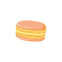 Cute French orange macaron with yellow light cream. Traditional macaroon light dessert. Little French cakes. Sweet almond cookies food for a cup of coffee. Hand drawn cartoon flat vector illustration.