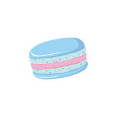 Cute French blue macaron with pink light cream. Traditional macaroon light dessert. Little French cakes. Sweet almond cookies food for a cup of coffee. Hand drawn cartoon flat vector illustration.