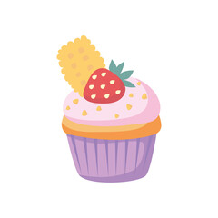 Strawberry cupcake with cookie, berry creame and crumbs in cupcake paper. Cute cream pastries. Muffin dessert sweet, food. Bakery shop, cooking, tea party. Hand drawn flat vector cupcake.