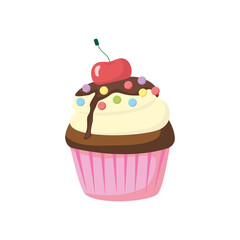Chocolate cupcake with cherry, souffle and colored sugar balls in cupcake paper. Cute cream pastries. Muffin dessert sweet, food. Bakery shop, cooking, tea party. Hand drawn flat vector cupcake.