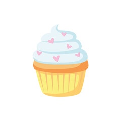 Cupcake with blue frosting and colored sugar hearts in cupcake paper. Cute cream berries pastries. Muffin dessert sweet, food theme. Bakery shop, cooking, tea party.  Hand drawn flat vector cupcake