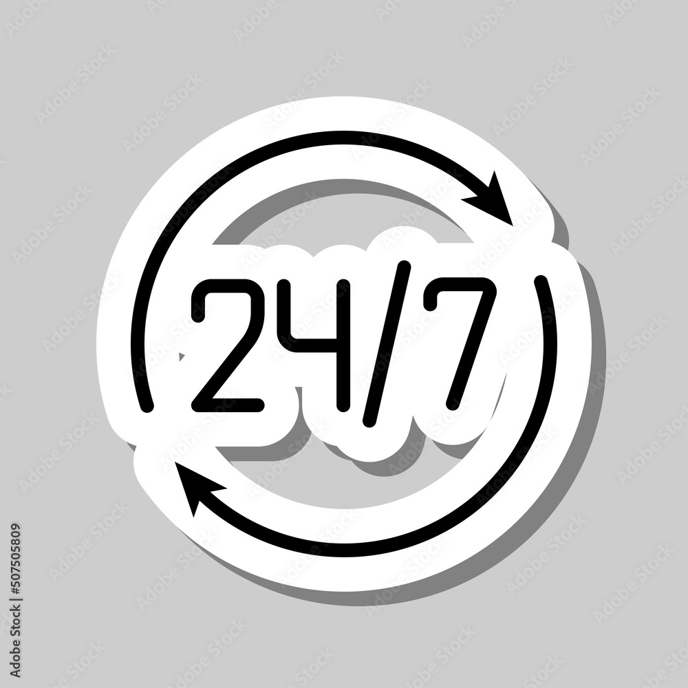 Poster 24h hours a day and 7 days a week simple icon vector. flat design. sticker with shadow on gray backg