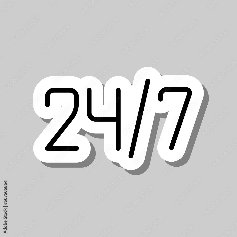 Poster 24h hours a day and 7 days a week simple icon, vector. flat design. sticker with shadow on gray back