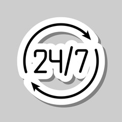 24h hours a day and 7 days a week simple icon vector. Flat design. Sticker with shadow on gray background.ai