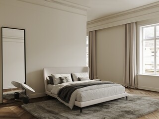 Bedroom in classical style mockup with wooden floor, white walls, curtains, carpet, lamp, vases and window 3d render