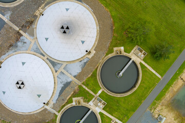 Aerial top view of infrastructure wastewater treatment plant, filtration of dirty sewage water