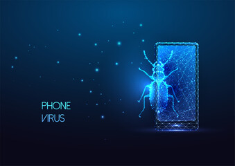 Futuristic virus attack concept with glowing low polygonal smartphone and bug virus on dark blue