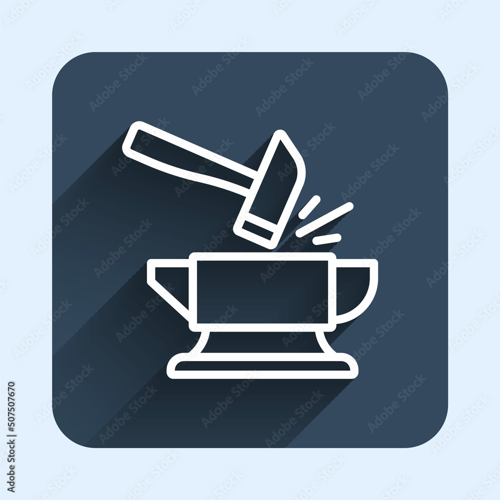 Poster white line blacksmith anvil tool and hammer icon isolated with long shadow background. metal forging