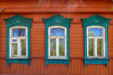 Facade of a wooden house in the city of Zaraysk. Russia