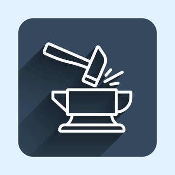 recommend clip art: White line Blacksmith anvil tool and hammer icon isolated with long shadow background. Metal forging. Forge tool. Blue square button. Vector
