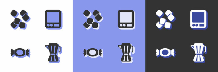 Set Coffee maker moca pot, Sugar cubes, Candy and Electronic coffee scales icon. Vector