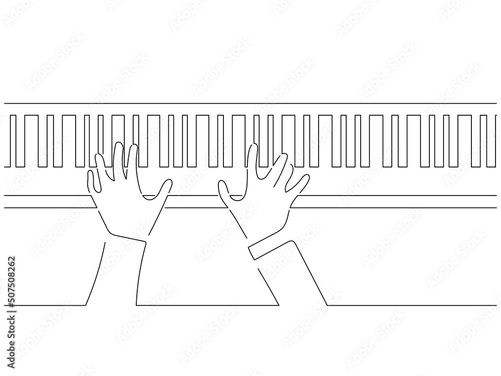 Wall mural Piano player in line art drawing style. Composition of a pianist playing. Black linear sketch isolated on white background. Vector illustration design. - Wall murals