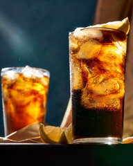 closeup of two glasses of soda with ice served on a wooden table