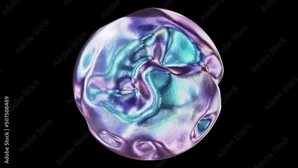 Poster realistic looping 3d animation of the abstract beautiful morphing iridescent textured metal sphere r