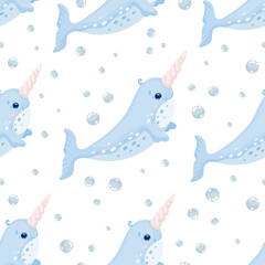 Seamless pattern with small narwhal.Cartoon vector graphics.