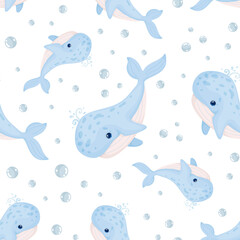 Seamless pattern with cute blue whale.Cartoon vector graphics.