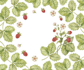 Watercolor round frame with vintage strawberry branch, berries, leaves and flowers. Isolated on white background.