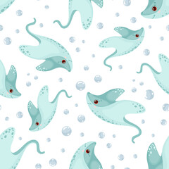 Seamless pattern with cute sea stingrays.Cartoon vector graphics.