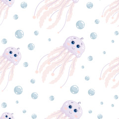 Naklejka premium Seamless pattern with cute jellyfish.Cartoon vector graphics.