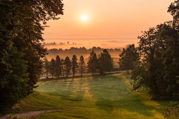 Scenic sunrise over the rural countryside of Slovenia