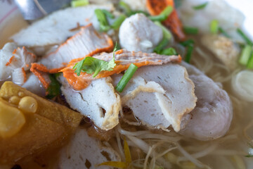 Egg noodle soup with various type of fish ball and slice of roasted pork. Asian noodle soup.